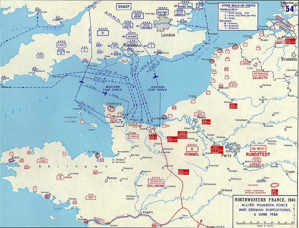 Mapa que muestra las posiciones aliadas y alemanas el 6 de junio de 1944 en Normandía desde el Reino Unido hasta Francia