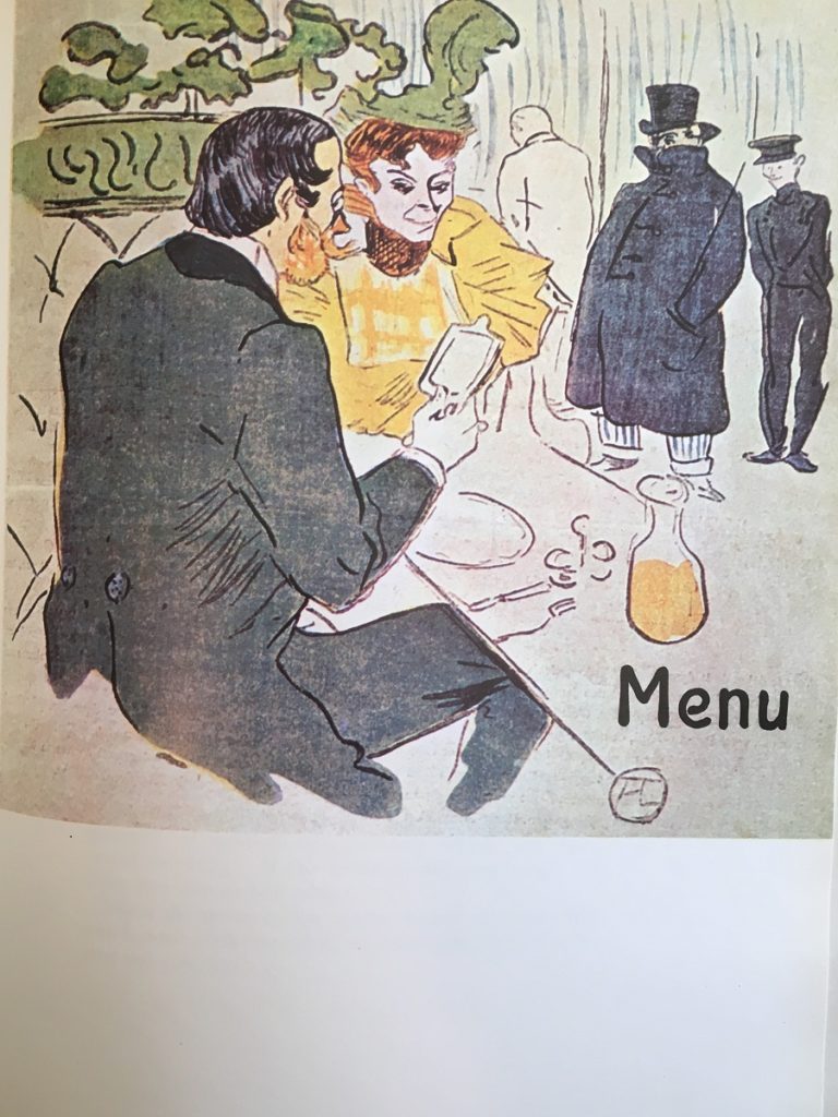 Menú de Toulouse-Lautrec para sus amigos con una pareja él de negro y ella de amarillo sentados en una mesa de comedor y una jarra de vino