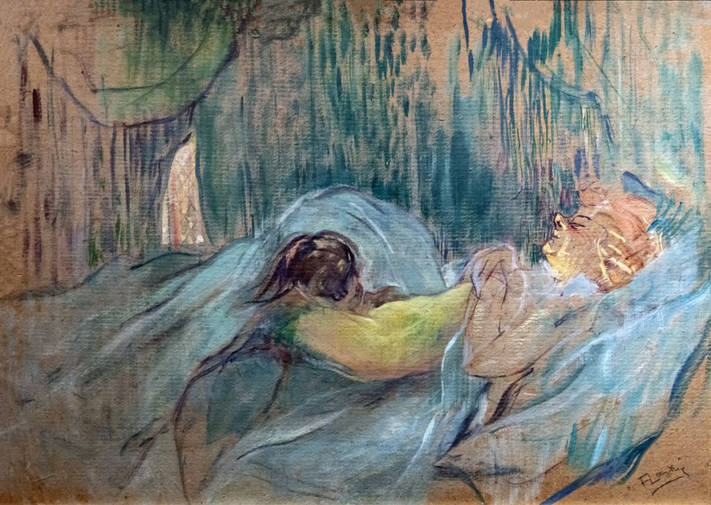 Maison de la rue des Moulins, niña acostada en la cama Toulouse Lautrec 