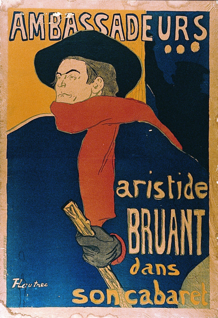 Póster de Toulouse-Lautrec de Aristide Bruant con sombrero negro, pañuelo rojo y bastón