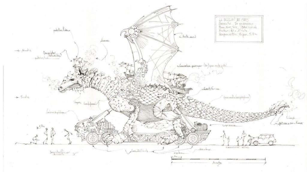 Dibujo técnico detallado del dragón Calais blanco y negro