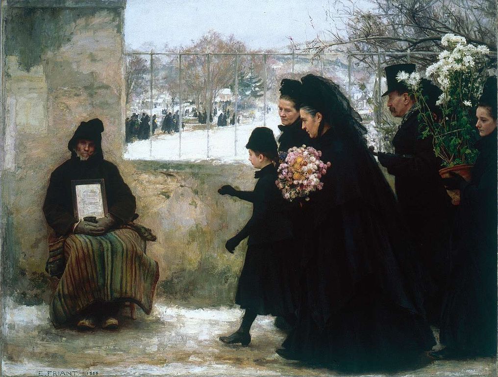 La Toussaint de Emile Friant, 1888 que muestra viudas de negro y niños caminando por un camino nevado con un cementerio al fondo, llevando flores y un mendigo a la izquierda.