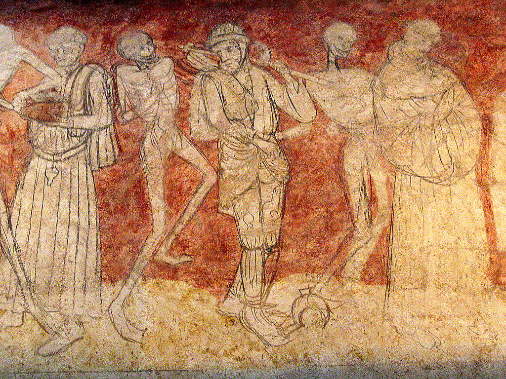 Detalle Danza de la muerte en la iglesia de La Chaise-Dieu que muestra una pintura medieval sobre un fondo ocre de esqueletos danzantes y gente común