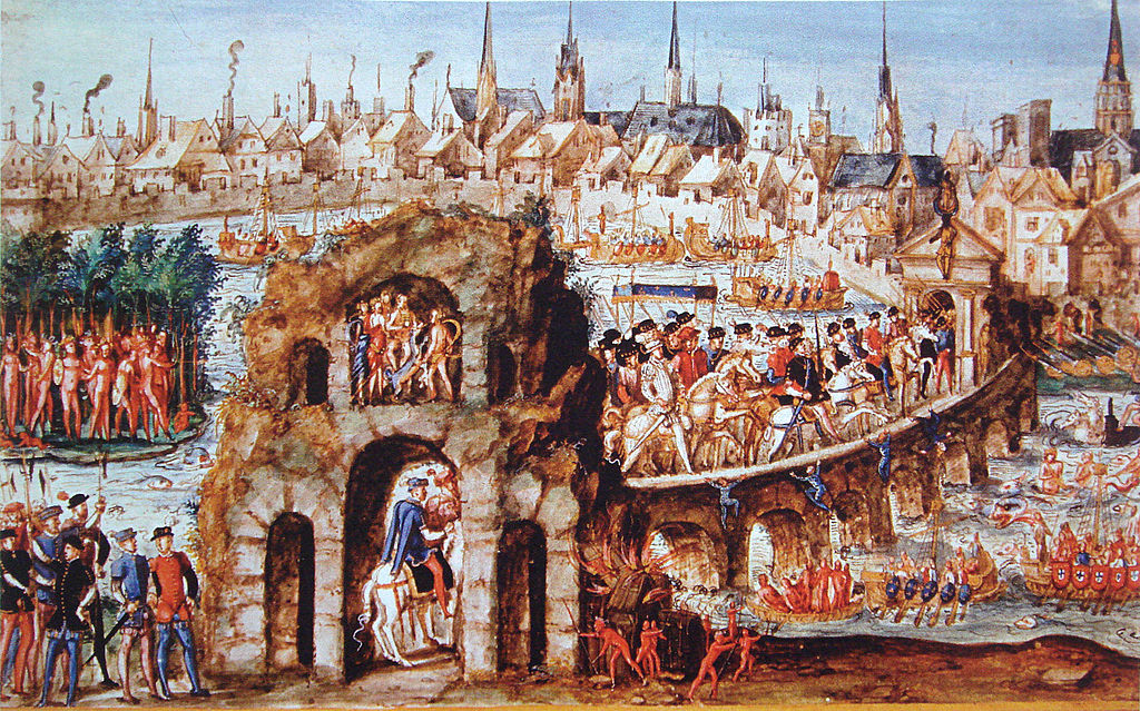 Una pintura muy ocupada de Henri II entrando en Rouen titulada el baile de Brasil que lo muestra entrando por la gran puerta entrando a la ciudad sobre el agua a caballo con muchos ciudadanos saludándolo, así como pequeñas figuras vestidas como un demonio en el agua debajo.