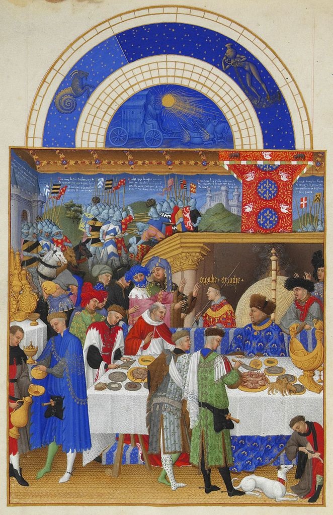 Página de enero de Les Tres riches heures du duc de Berry. Manuscrito iluminado que muestra caballeros y damas de colores brillantes comiendo en un festín, caballeros a caballo en el fondo y un cielo azul con cometas voladores