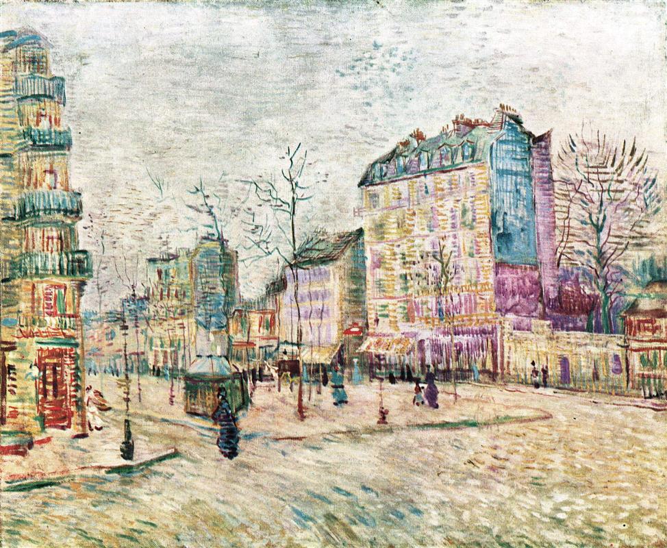 Van Gogh Boulevard de Clichy que muestra una vista de la calle desde la plaza de Clichy con edificios altos a la derecha y una estatua en el centro de la plaza