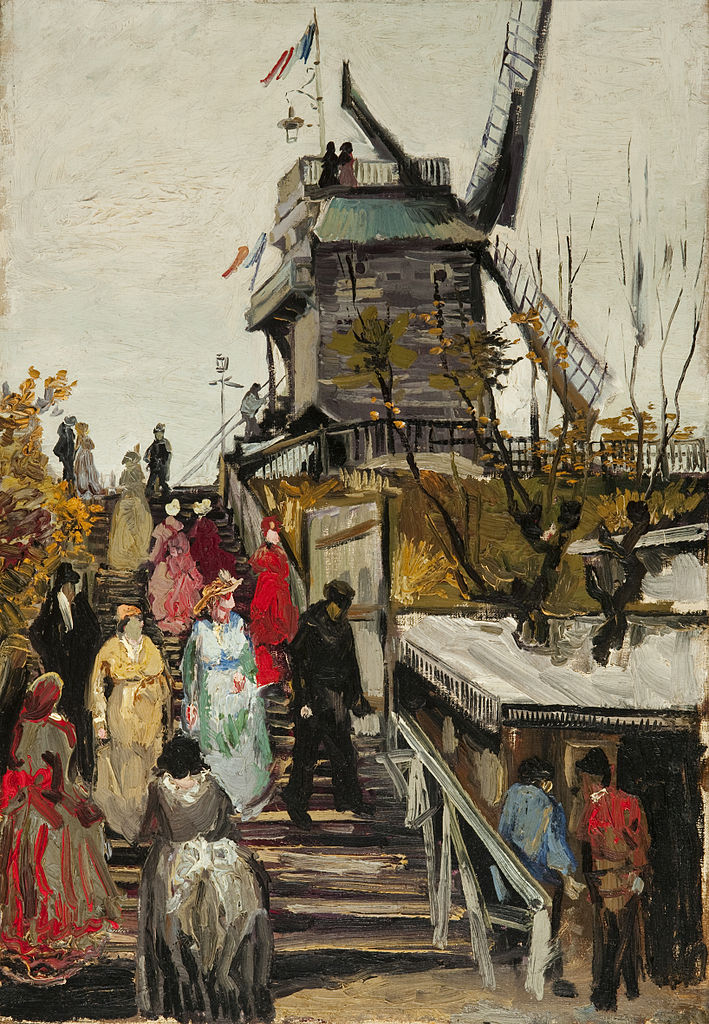 Le Moulin de la Galette de Van Gogh coloridas mujeres caminando por pasos lejos del molino de la cima de la colina