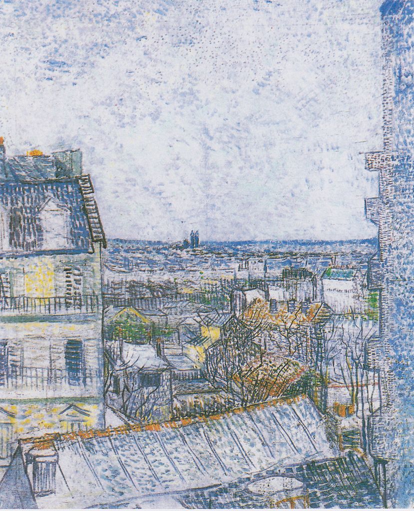 Van gogh: París desde su ventana que muestra una vista desde lo alto del techo de abajo, un edificio alto a la derecha y edificios clásicos al fondo