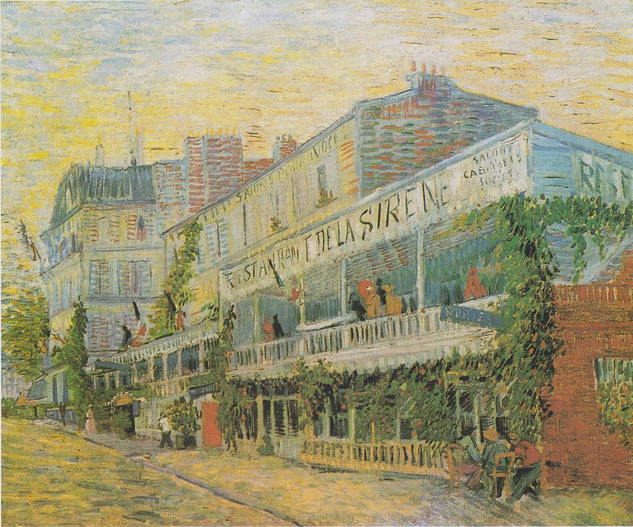 La pintura de Van Gogh del restaurante de la Sierne en Asniere París que muestra una vista lateral del restaurante con un nombre mirando hacia la calle con figuras