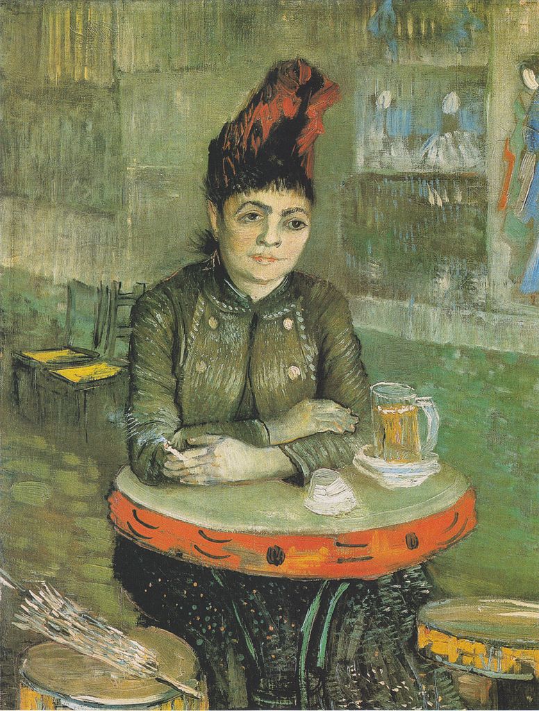 Van gogh @ Agostin Segatori en el Café du Tambourin mostrando a la mujer sentada en una pequeña mesa dentro del café