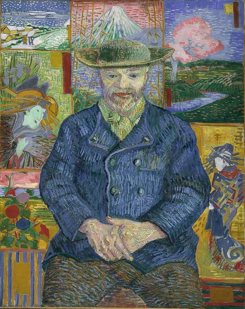 Retrato de Pere Tanguy de Van Gogh que muestra al proveedor y comerciante de arte en el centro de la imagen en azul con un sombrero japonés y arte japonés en las paredes detrás de él como actores de kabuki