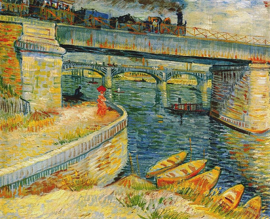 Van Gogh: Puentes sobre el Sena que muestran un embarcadero con un bote adjunto, un terreno más alto detrás con una mujer de pie, un río y un puente y un tren que pasa al fondo