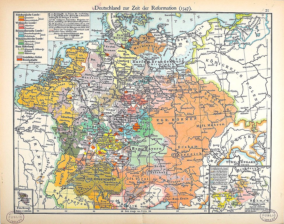 Mapa del Sacro Imperio Romano Germánico en el siglo XVI que muestra los principales países europeos controlados por el HRE