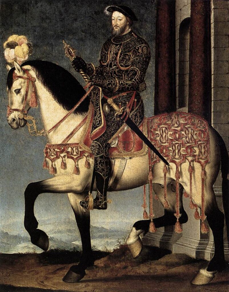 Retrato de François I de François Clouet con armadura a caballo visto desde un lado