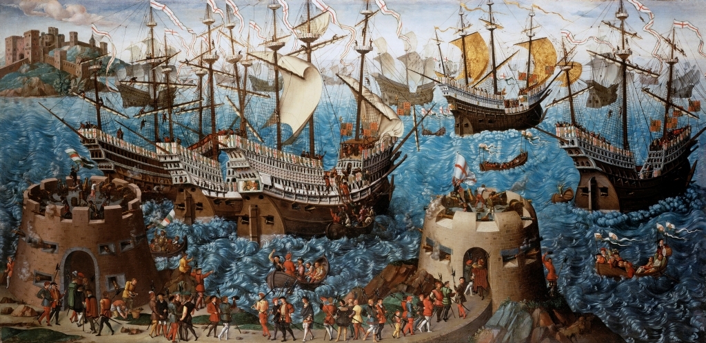 Pintura antigua que muestra a Enrique VIII tomando el paño de oro con barcos y losas en el mar y el castillo de Dover en primer plano