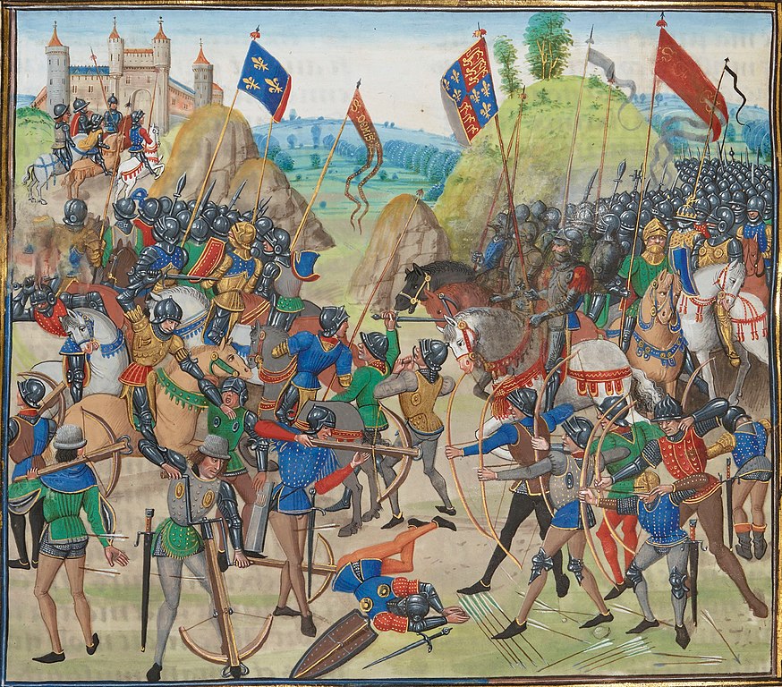 Batalla de Crecy de las Crónicas de Froissart que muestra los dos bandos muy juntos, inglés en la derecha con arcos largos; Izquierda francesa con ballesta