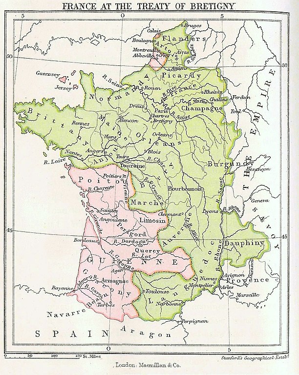 Mapa de Francia en 1360 que muestra las posiciones inglesa y francesa con el inglés en la costa oeste