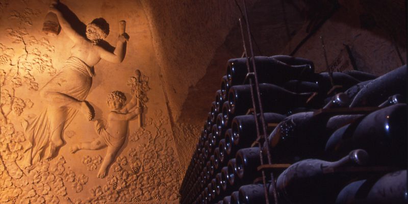 Escultura tallada en la pared de una roca de una bodega Veuve Clicquot en Reims con botellas 