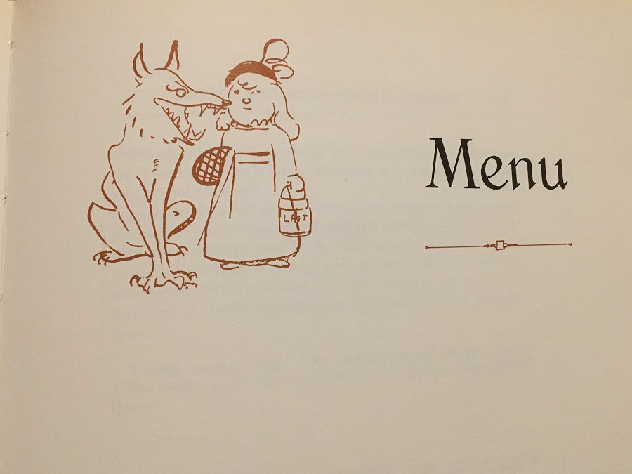 Un menú del Arte de la cocina con un lobo lamiendo la cara de una niña en un estilo de dibujos animados