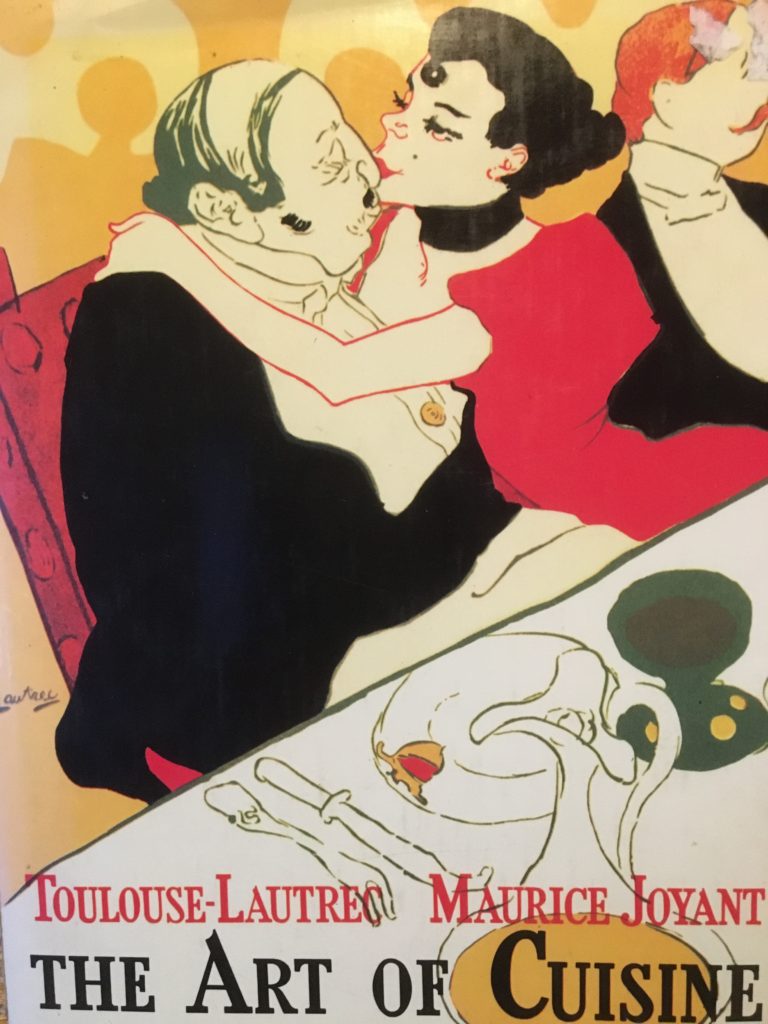 El arte de la cocina Cubierta de libro de cocina con una pintura de Toulouse-Lautrec de un hombre gordo medio calvo besando a una prostituta en una mesa