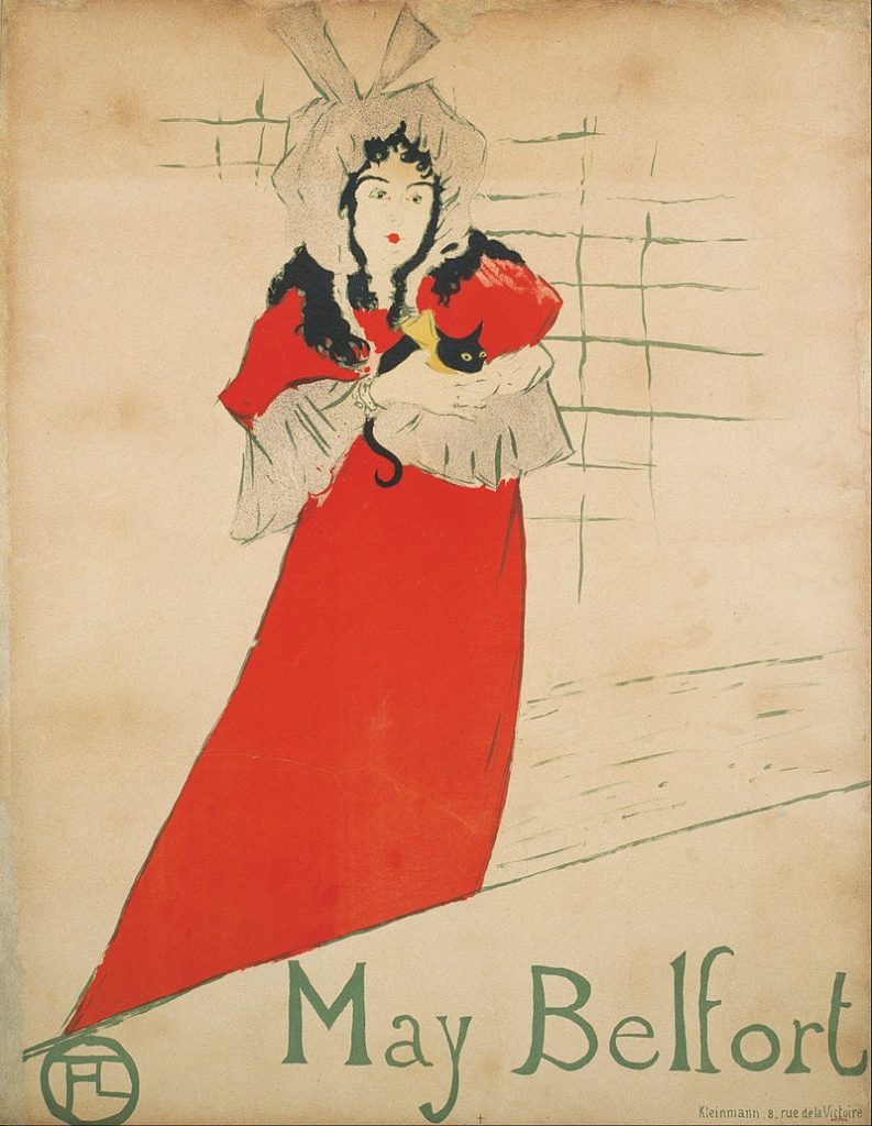 Póster de May Belfort de Toulouse-Lautrec con ella con un vestido rojo y un pequeño perro negro