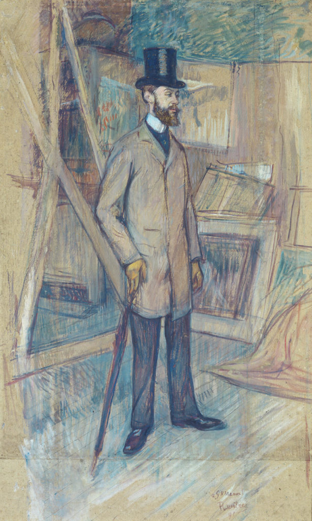 Georges Henri-Manuel en su estudio con Toulouse-Lautrec y el apuesto hombre con bastón frente a muchos cuadros