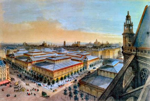 Imagen aérea antigua del mercado de Les Halles del siglo XIX con fondo de París y cielo naranja y azul en colores antiguos