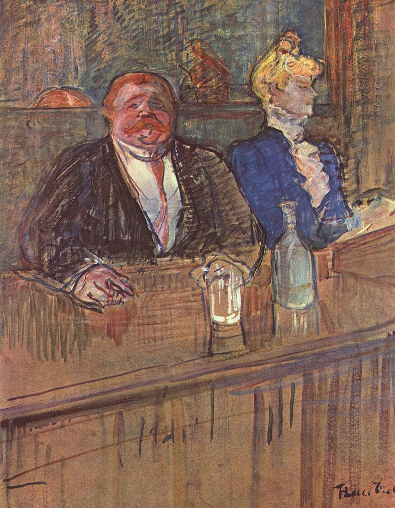 Absinthe Bar cuadro de Toulouse-Lautrec con un hombre y una mujer sentados detrás de una barra con una botella y un vaso