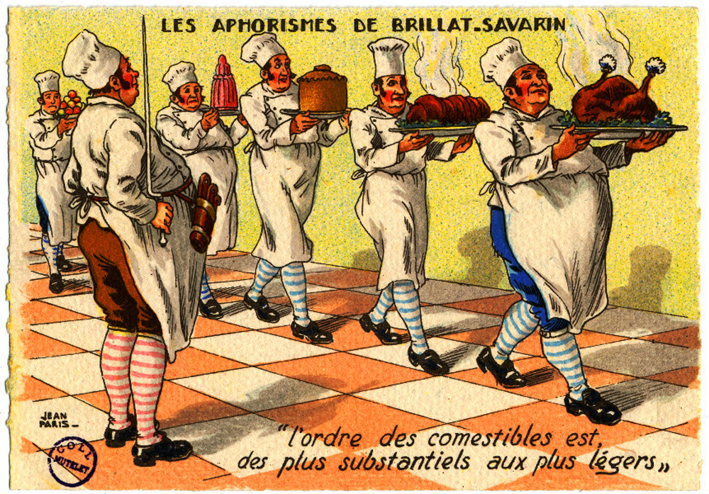 Caricatura sobre aforismos gastronómicos de Brillat Savarin con chefs marchando en línea al estilo de las caricaturas en