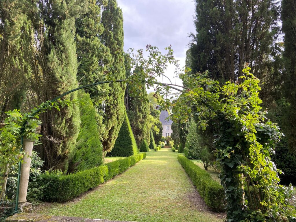 Valle del Loira Château de Bazouges mirando hacia una larga avenida verde con altos tejos a ambos lados de la casa en la distancia