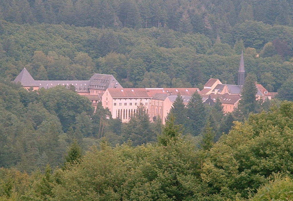 Tres árboles en la distancia a Abbaye dela Pierre qui Vire en Borgoña. Edificios de piedra y techos de tejas rojas