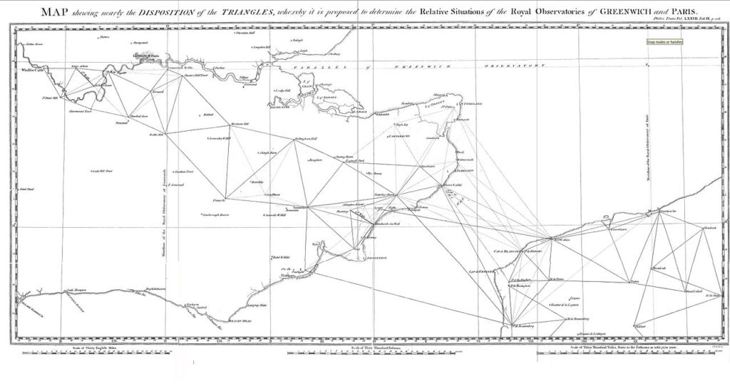 Una malla de puntos de conexión propuestos para el estudio anglo-francés de 1784 a 1790 para determinar la distancia entre el Observatorio de Greenwich y París. mapa antiguo