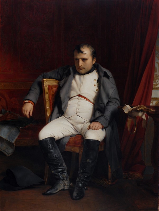 Paul Delaroche retrato de Napoleón sentado en una silla viendo la derrota vestido de blanco y azul