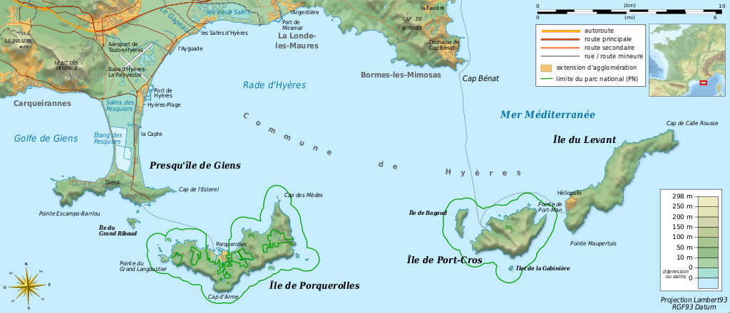 Mapa de las islas de Hyeres Francia mostrando tres islas en el mar frente a Gien cerca de Toulon