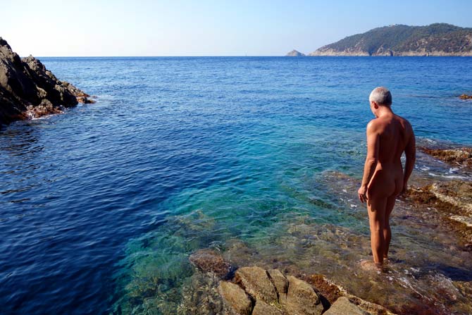 La espalda de un hombre desnudo de pie sobre rocas mirando el mar azul en la isla de Ile du Levant en Francia