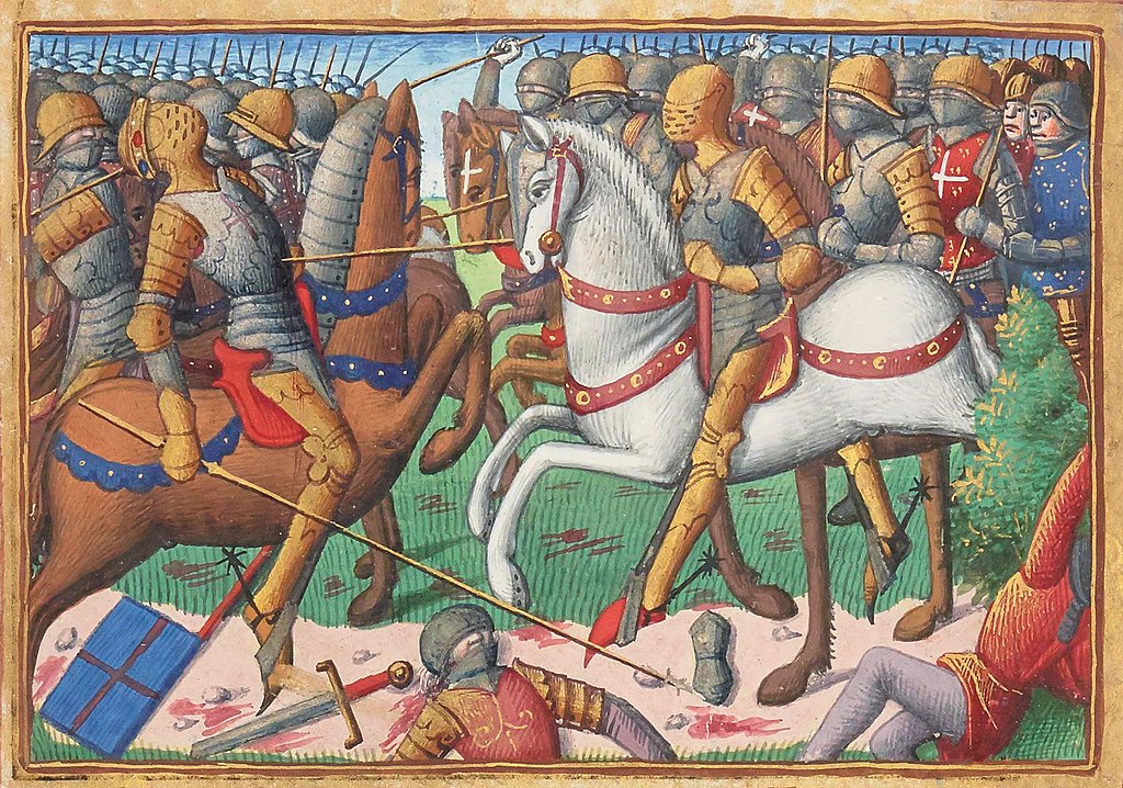 Batalla de Le Vieil Bauge de un manuscrito del siglo XV con dos lados, caballeros ingleses y franceses a caballo con un caballero golpeando al frente