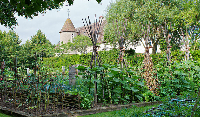 Verduras en el Prieuré d'Orsan que muestra un antiguo castillo al fondo con un techo cónico redondo y frente a un alfarero o huerto perfecto