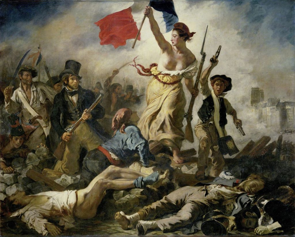 Liberty Leading the People de Eugène Delacroix con la libertad levantando la bandera francesa sobre los soldados en el suelo, algunos muertos, otros agonizantes