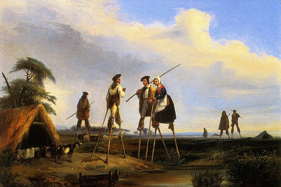 Paseos en zancos en las Landas, Francia por Jean-Louis Gintract. Pintar zancudos sobre suelo pantanoso con el cielo de fondo