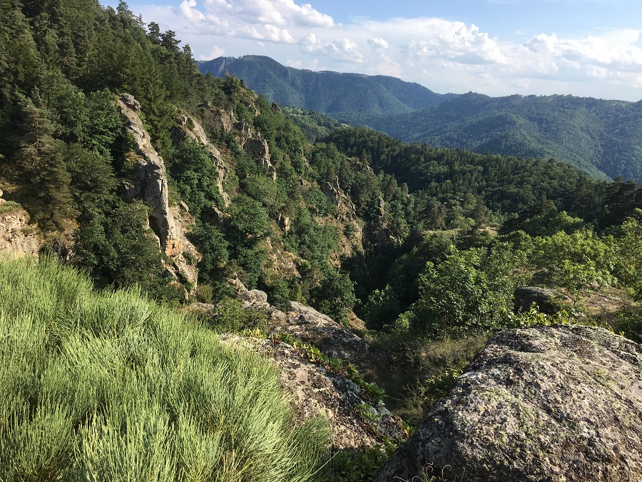 Mirando un paisaje rocoso cubierto de árboles y pequeñas montañas distantes envueltas en nubes blancas en la distancia