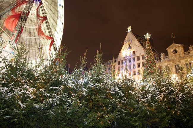 Navidad en Lille con parte de la gran rueda de mercancías a la izquierda, ramas de pino delante y el ayuntamiento iluminado al fondo