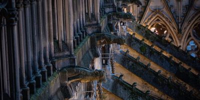 Vista desde el techo de la catedral de Reims mirando hacia las gárgolas y los arbotantes