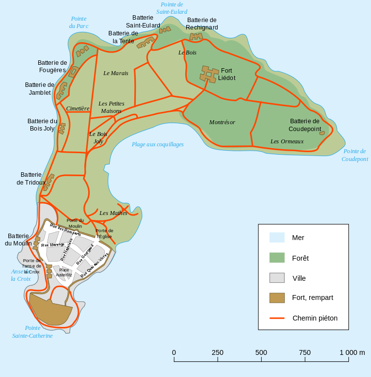 Mapa de Ile d'Aix que muestra fuertes alrededor de la isla, ciudad en el extremo sur