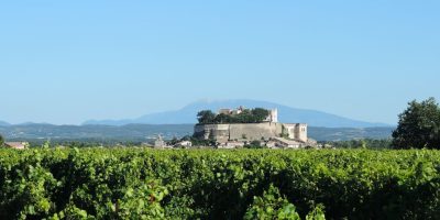 El castillo de Grignan se asienta sobre una roca en la distancia con montañas cubiertas de nieve detrás y viñedos por delante