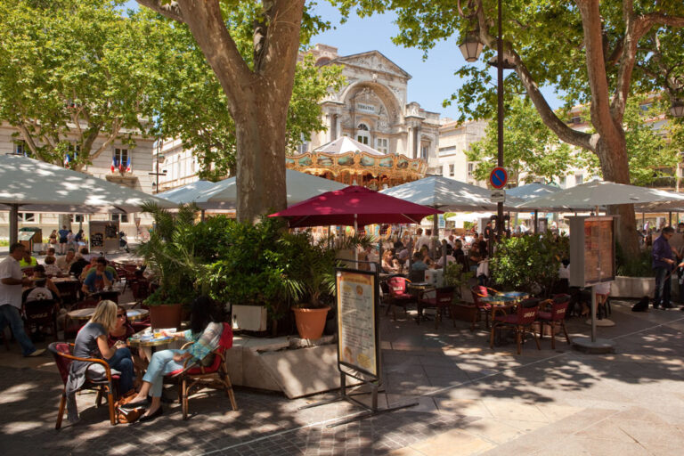 Vista exterior de un restaurante en la terraza de Avignon con mesas, sillas y sombrillas delante a la sombra de árboles y edificios antiguos detrás