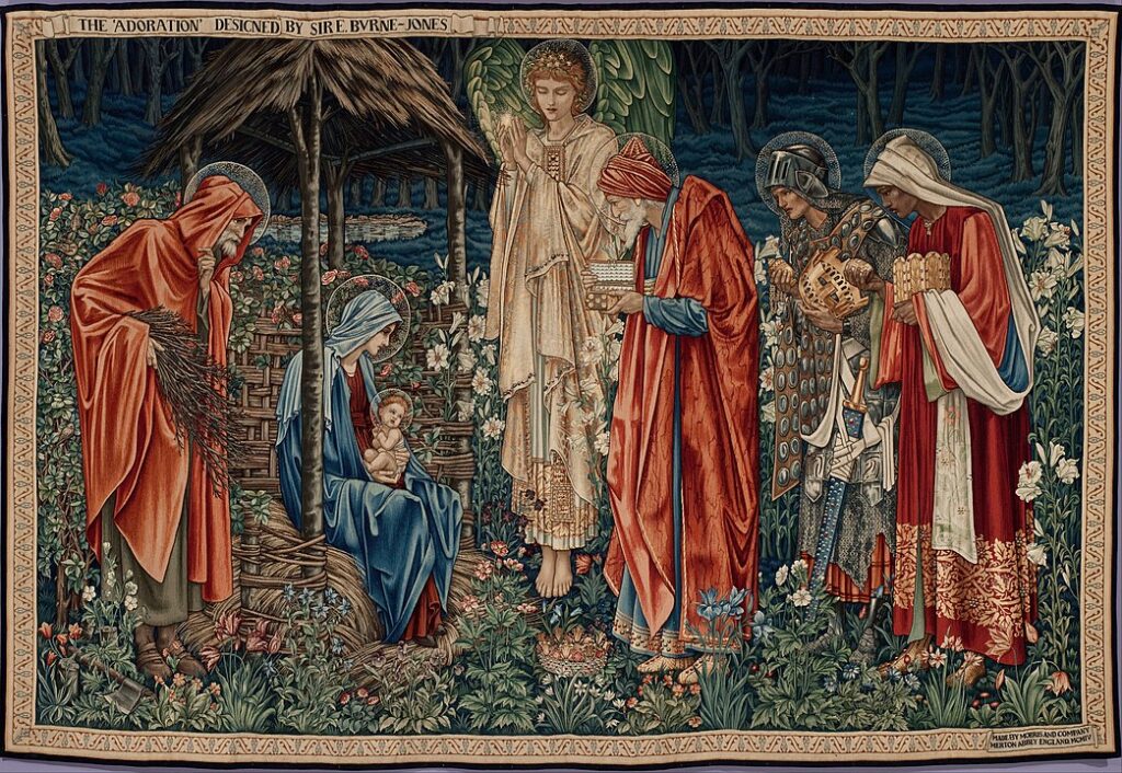 Edward Burne-Jones Homenaje a la pintura de los Reyes Magos que muestra figuras prerrafaelitas de los tres reyes magos ofreciendo regalos al niño Jesús en el regazo de María vestidos de azul