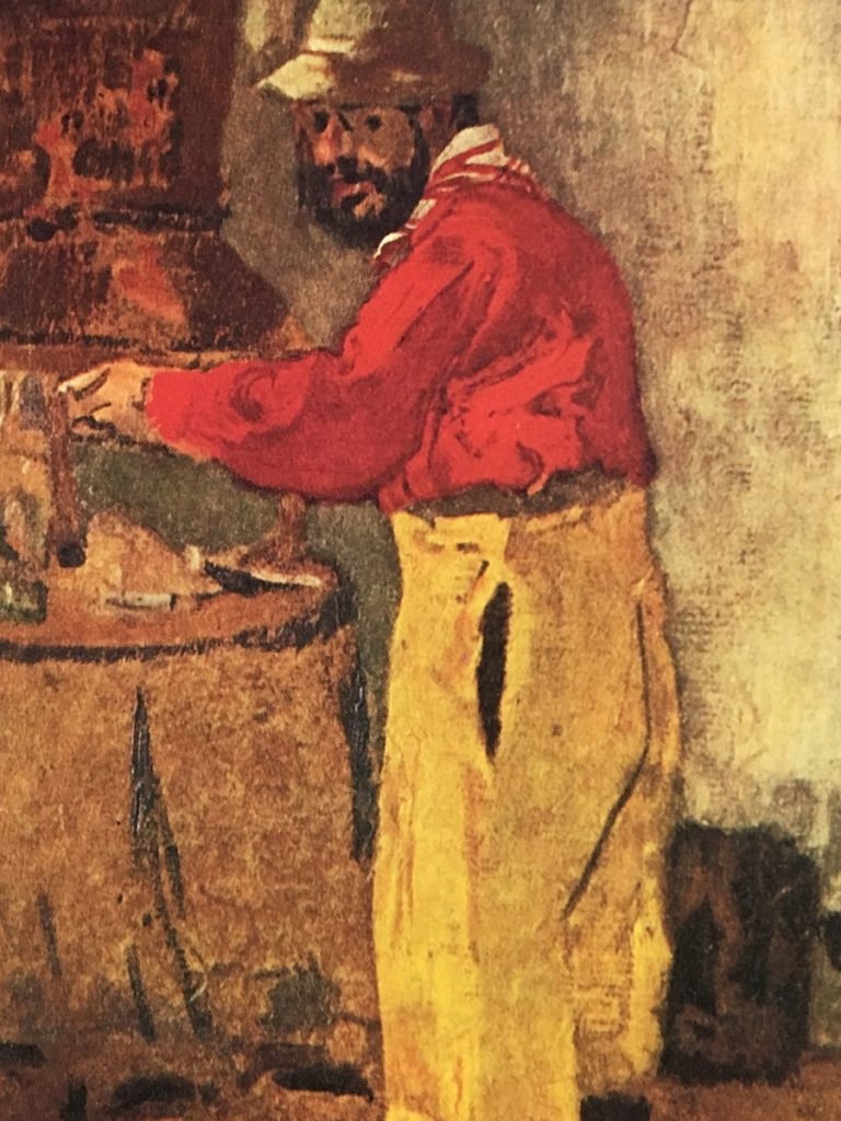 Toulouse-Lautrec cocinando con pantalones amarillos, top rojo y sombrero en los fogones de Vuillard