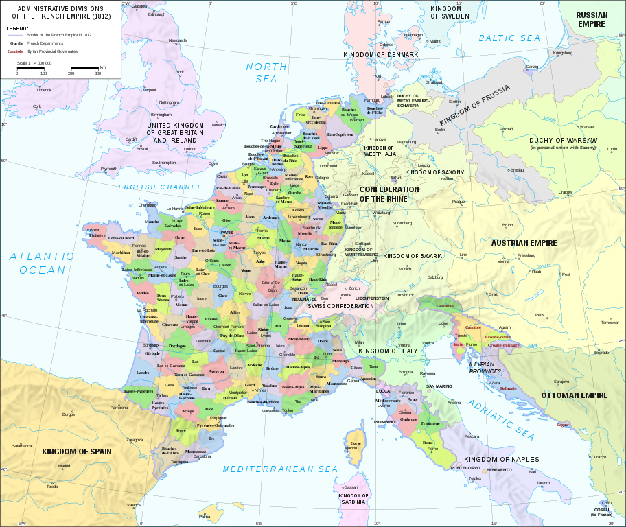 Mapa administrativo de 1812 que muestra todos los departamentos nuevos