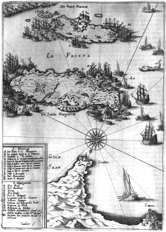 Antiguo mapa de batalla de Iles de Lerins 1637