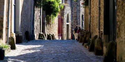 Una estrecha calle adoquinada en Le Mans medieval a la luz del sol que muestra antiguas casas de piedra cubiertas de vegetación